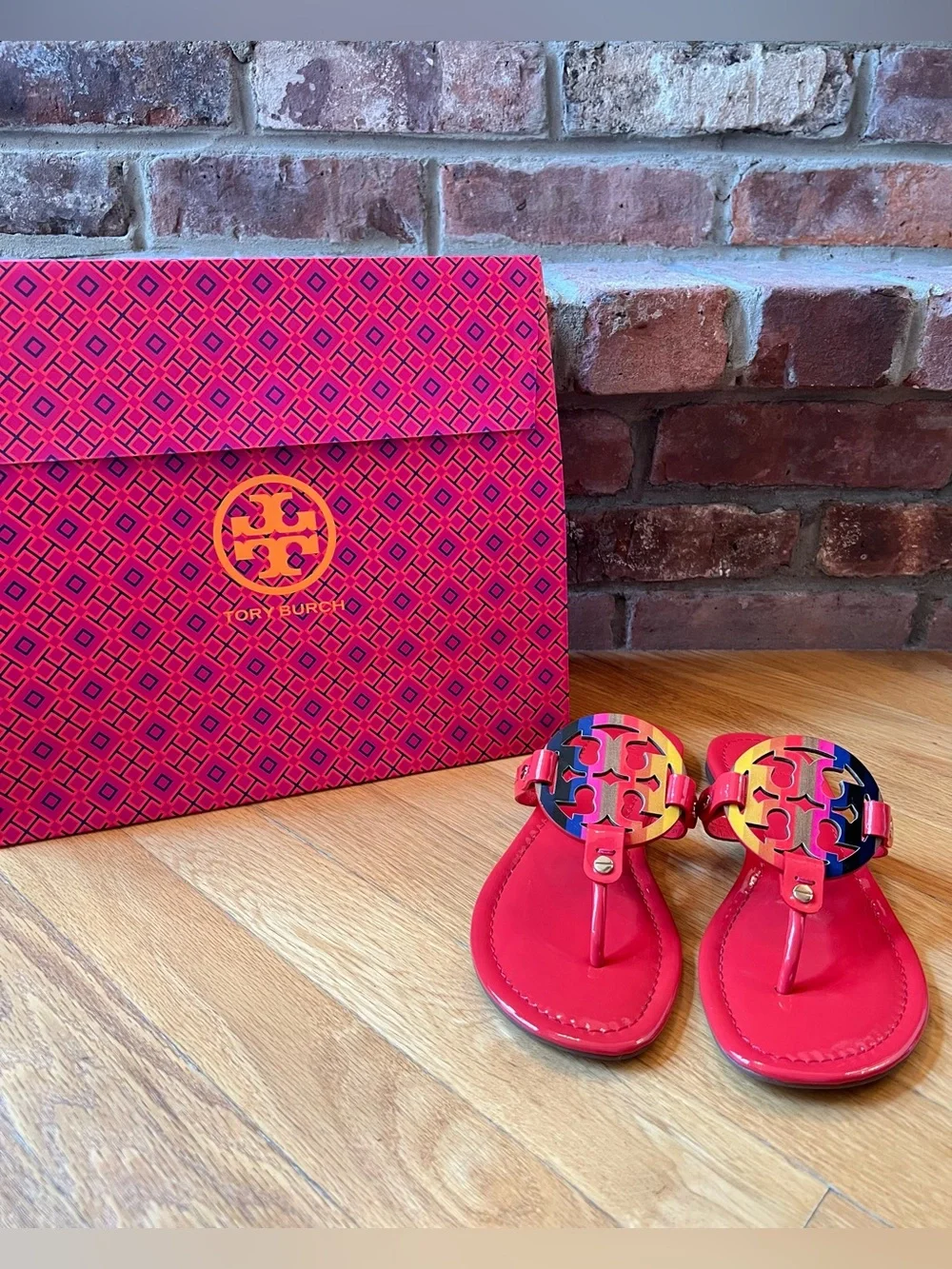Tory Burch Vermillion Red Orange Coral Rainbow Patent Leather Miller Sandal